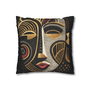 African Mask Pillow Cover, Tribal Art Cushion, Black Gold Ethnic Decor, Abstract Face Pillow, Boho Luxury Home Accent image 8