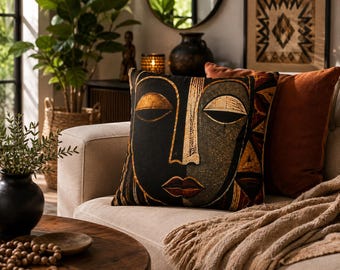 African Art Pillow, Abstract Face Cushion, Tribal Inspired Decor, Black Gold Throw Pillow, Afrocentric Home Decor, Statement Pillow
