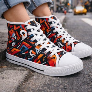 Abstract Red Geometric Pattern Women's High Top Sneakers | Urban streetwear