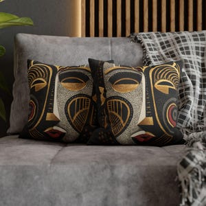 African Mask Pillow Cover, Tribal Art Cushion, Black Gold Ethnic Decor, Abstract Face Pillow, Boho Luxury Home Accent image 5