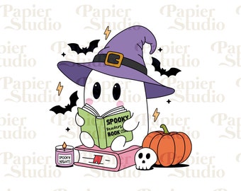 Lindo fantasma espeluznante LEYENDO PNG SVG, PNG de libros, clipart de libros, diseños para calcomanías, marcadores, camisetas, tazas y llaveros Libbey, Halloween png