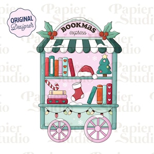 Bookmas Express Christmas Bookstore PNG SVG, Cute Bookish Christmas clipart, Winter Designs for Stickers, Commercial Use, Coquette Christmas