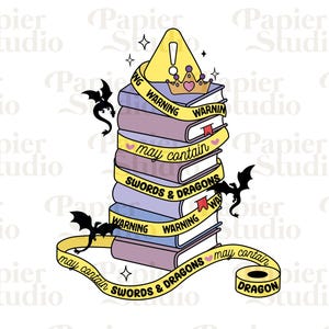 Warning Swords & DRAGONS PNG SVG, Trendy Bookish clipart, Cute Fourth Wing Dragon png, Designs for Stickers, Bookmarks, Artsy Commercial Use