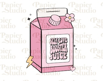 Puede incluir: Cartón rosa con el texto "SELF-LOVE BOOSTER JUICE". El cartón tiene una tapa blanca, una tapa de rosca y está decorado con una flor, un rayo, un corazón y estrellas. El diseño es de estilo retro.