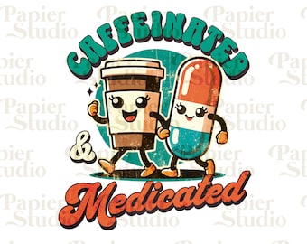 PNG com cafeína e medicamentos, design fofo de saúde mental para camisetas, adesivos e bolsas, clipart de saúde para canecas, café gelado