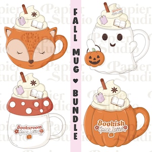 Fall Mugs Bundle PNG SVG, Cute Fall Bookish Design for Stickers, Booklover Clipart, Commercial Use Cut File, Trendy Autumnal for Book Lovers