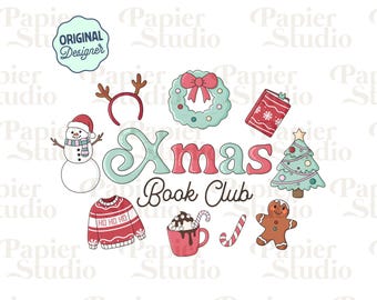 Club del libro di Natale PNG SVG, Clipart natalizio carino e libresco, Disegni invernali per adesivi, File di taglio per uso commerciale, Png di Natale invernale