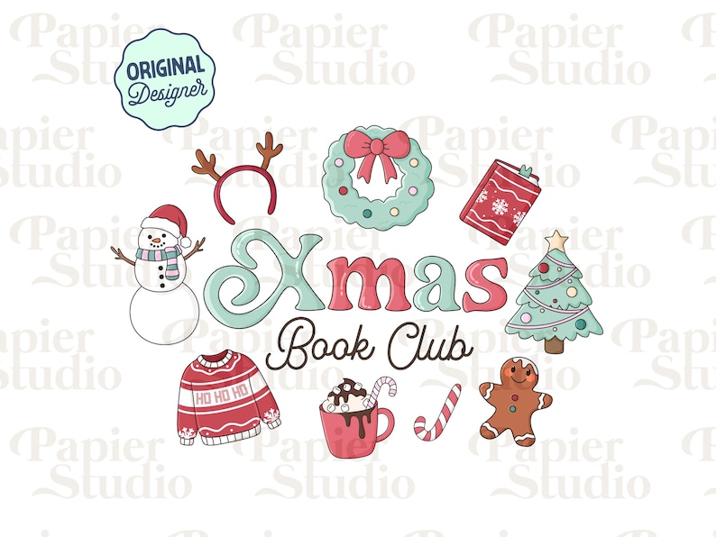 May include: A collection of Christmas-themed illustrations, including a snowman, reindeer antlers, a wreath, a gift, a Christmas tree, a sweater, a mug of hot chocolate, a candy cane, and a gingerbread man. The text "Xmas Book Club" is also present.