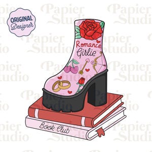 Romans Bookish Boot PNG SVG, Słodkie modne cliparty książkowe, projekt naklejki Kindle, plik do cięcia komercyjnego Booklover, Romance Book Lover Png
