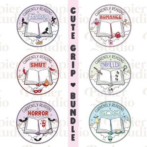 May include: Six colorful round stickers with a book and text that reads "Currently Reading" followed by a genre. The genres are Fantasy, Romance, Smut, Thriller, Horror, and Sci-Fi.