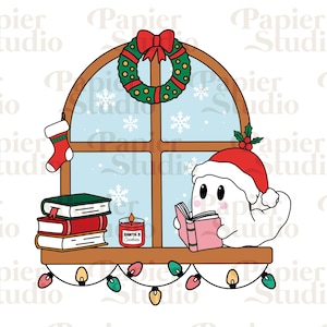 Christmas Ghost READING PNG SVG, Bookish png, Bookish clipart, Designs for Stickers, Bookmarks, Libbey Cups & Keychains, Christmas clipart