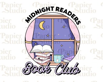 May include: A colorful illustration of a book club logo with the text "Midnight Readers Book Club". The logo features a window with a crescent moon, stars, and a stack of books.