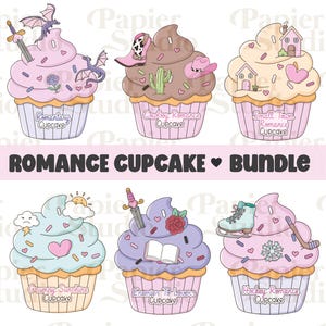 May include: Six illustrated cupcakes with different themes. Each cupcake features a unique design, such as dragons, cowboy boots, houses, and ice skates. The text "ROMANCE CUPCAKE BUNDLE" is displayed in the centre.