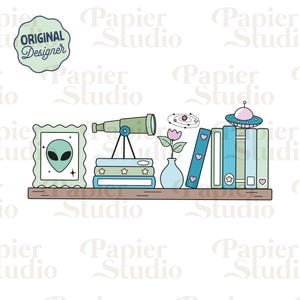 Sci Fi Bookshelf PNG SVG, Trendy Cute Bookish clipart, Designs for Stickers, Bookmark, Shirts, Keychains & Mugs, Commercial use Cut File