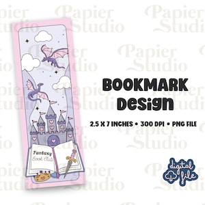 Op de afbeelding: Een roze boekenleggerontwerp met een fantasiethema. De boekenlegger toont een kasteel, draken, wolken en de tekst "Fantasy Book Club". De boekenlegger meet 6,35 cm x 17,78 cm.