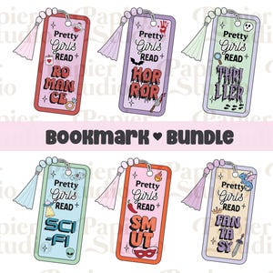 Puede incluir: Conjunto de seis marcapáginas coloridos con fondo rosa, morado, azul, verde y naranja. Cada marcapáginas presenta un género de libro diferente, incluyendo romance, horror, thriller, ciencia ficción, smut y fantasía. Los marcapáginas tienen un borla y el texto "Pretty Girls Read +" en cada uno.