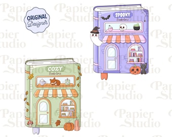Spooky & Fall Bookstore PNG SVG, uroczy projekt książkowy na jesień dla naklejek, Halloween Booklover Clipart, zastosowanie komercyjne, modny dla miłośników książek