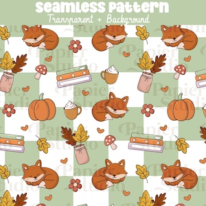 Peut inclure: Motif sans couture avec des renards de dessin animé, des citrouilles, des livres et des feuilles d'automne sur un fond à carreaux vert et blanc. Le texte indique "seamless pattern Transparent + Background". Le design a un thème automnal chaleureux.