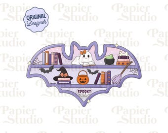 Estantería de libros espeluznante de niña PNG SVG, bonito diseño otoñal literario para pegatinas, clipart de Halloween para amantes de los libros, uso comercial, tendencia para los amantes de los libros