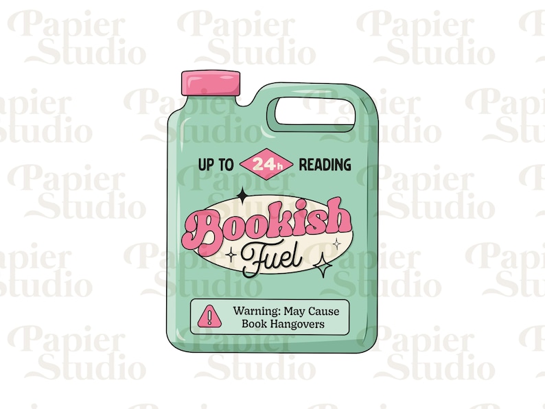 May include: A green and pink illustrated bottle with the text "Bookish Fuel" and "Up to 24h Reading". The bottle has a warning label that says "Warning: May Cause Book Hangovers".