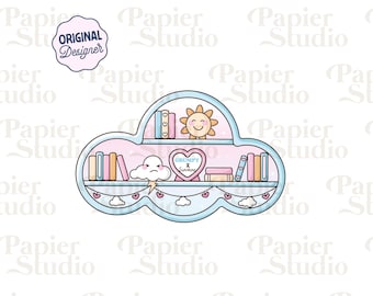 May include: A whimsical cloud-shaped shelf illustration with books, a smiling sun, and a heart-shaped sign reading "Grumpy x Sunshine." The design features pastel colors and decorative hearts, with the text "Original Designer" in a circular badge.