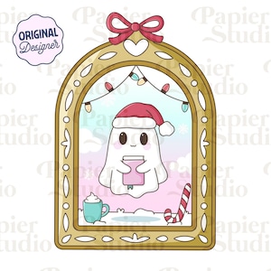 Cute Christmas Ghost Reading Frame PNG SVG, Cute Bookish Christmas clipart, Winter Designs for Stickers, Commercial Use, Coquette Christmas