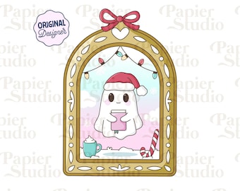 Cute Christmas Ghost Reading Frame PNG SVG, Cute Bookish Christmas clipart, Winter Designs for Stickers, Commercial Use, Coquette Christmas