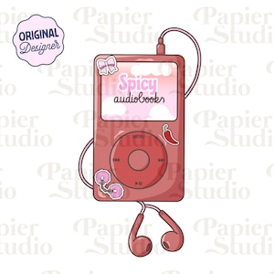 May include: A red digital audio player with the text "Spicy audiobooks" on the screen. The player has a bow, flower stickers, and a chili pepper sticker. Includes red earbuds.