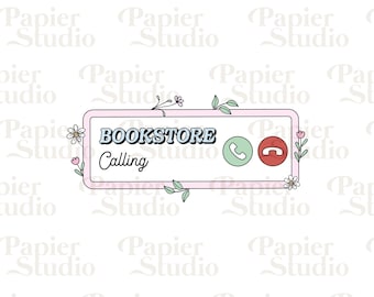 May include: A pink and white digital phone icon with the text "BOOKSTORE Calling" in blue and white letters. The icon is surrounded by a white frame with floral accents.