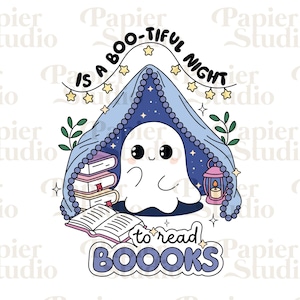 Cute Ghost READING PNG SVG, Trendy Cute Bookish clipart, Designs for Stickers, Bookmark, Shirts, Keychain & Mugs, Artsy Bookish Print