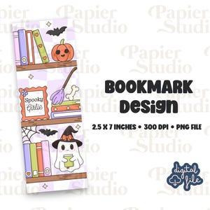 Spooky Girlie Bookshelf Bookmark Design, PNG File, Halloween Ghostbookmark, Printed bookmark, Commercial use Book mark, Printable bookmark