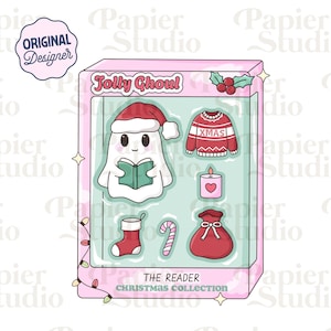 Christmas Holly Jolly Ghoul PNG SVG, Cute Bookish Christmas clipart, Winter Designs for Stickers, Commercial Use, Cute Christmas Ghost Png