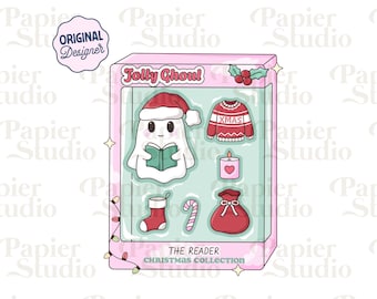 Christmas Holly Jolly Ghoul PNG SVG, Cute Bookish Christmas clipart, Winter Designs for Stickers, Commercial Use, Cute Christmas Ghost Png