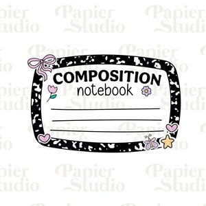 May include: A black and white composition notebook with a black border and white polka dots. The notebook has a title that says "COMPOSITION notebook" and is decorated with pink hearts, flowers, a butterfly, and a star.