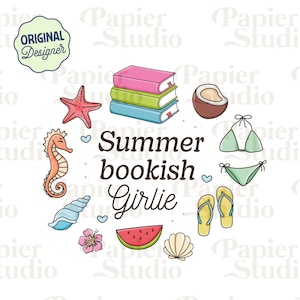 Summer Bookish Girlie PNG SVG, Cute Bookish clipart, Designs for Stickers, Booklover png, Commercial Use, Trendy Aesthetic for Book Lovers