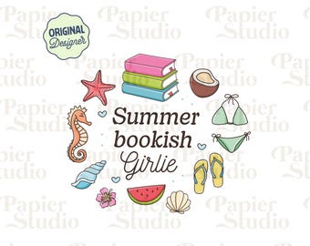 Chica de libros de verano PNG SVG, clipart lindo de libros, diseños para pegatinas, PNG para amantes de los libros, uso comercial, estética de moda para amantes de los libros