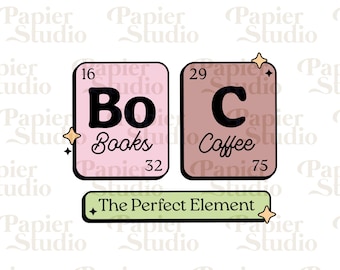 Puede incluir: Dos cuadrados rosa y marrón con texto negro, que se asemejan a elementos de la tabla periódica. El primer cuadrado dice "Bo Books" con el número atómico 16 y el peso atómico 32. El segundo cuadrado dice "C Coffee" con el número atómico 29 y el peso atómico 75. Un rectángulo verde debajo dice "The Perfect Element".
