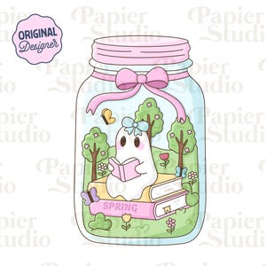 May include: A whimsical illustration of a ghost reading inside a glass jar. The jar has a pink lid and bow, with a ribbon. The ghost is sitting on books labeled "SPRING". Trees, flowers, and butterflies are also inside the jar.