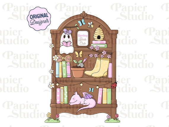 Spring Bookish Bookshelf PNG & SVG, Cozy Floral Reading Art for Book lovers, Stickers, Magnetic Bookmarks, Merch