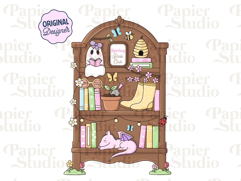 Puede incluir: Ilustraci&oacute;n caprichosa de una estanter&iacute;a de madera llena de libros, un fantasma leyendo y un drag&oacute;n durmiente. La estanter&iacute;a tambi&eacute;n presenta una colmena, herramientas de jardiner&iacute;a y botas de agua amarillas. El texto "Spring Book Club" es visible.