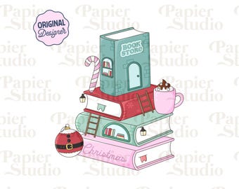 Libreria natalizia libresca PNG SVG, carina clipart natalizia libresca, disegni invernali per adesivi, uso commerciale, Natale rosa Coquette