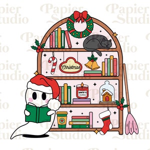 May include: A white ghost wearing a red Santa hat is reading a green book in front of a wooden bookshelf decorated with Christmas ornaments. The bookshelf has a black cat sleeping on the top shelf, a candle on the middle shelf, and a gingerbread house on the bottom shelf.