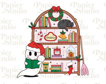 Christmas Ghost READING PNG SVG, Bookish png, Bookish clipart, Designs for Stickers, Bookmarks, Libbey Cups & Keychains, Christmas clipart