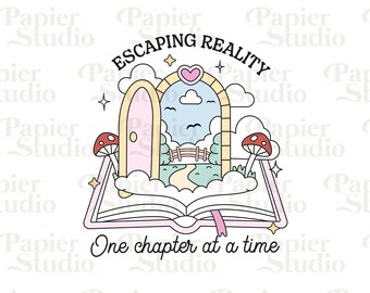 May include: A colorful illustration of an open book with a magical portal inside. The portal is shaped like an archway with a pink door and clouds above. The text "Escaping Reality" is written in a circle above the portal. Below the book, the text reads "One chapter at a time."