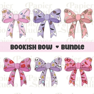 May include: Six decorative bows with various patterns, including crowns, skulls, and detective elements. The bows are in shades of pink and purple. The text "BOOKISH BOW BUNDLE" is displayed in the center.