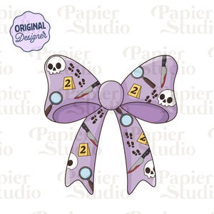 May include: A purple bow with a detective theme. The bow features illustrations of magnifying glasses, knives, footprints, skulls, and evidence markers. The text "ORIGINAL Designer" is in a purple circle.
