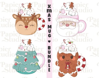 Christmas Mugs Bundle PNG SVG, Cute Bookish Christmas clipart, Winter Designs for Stickers, Commercial Use, Cute Christmas for Book Lovers