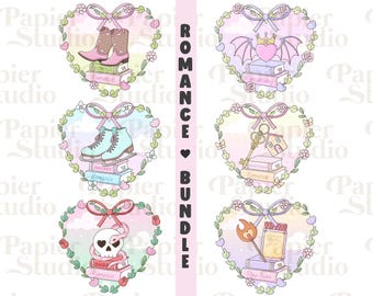 Paquete de tropos literarios románticos PNG SVG, clipart literario, diseño para pegatinas, estética moderna para amantes de los libros, uso comercial para amantes del romance