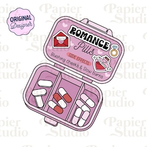 ROMANCE Pill Box PNG SVG, słodkie modne cliparty książkowe, projekt naklejki Kindle, plik do cięcia Booklover Commercial Use, projekt miłośników książek romansowych