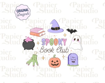 Club de lectura espeluznante PNG SVG, bonito diseño otoñal literario para pegatinas, clipart de Halloween para amantes de los libros, uso comercial, tendencia para los amantes de los libros